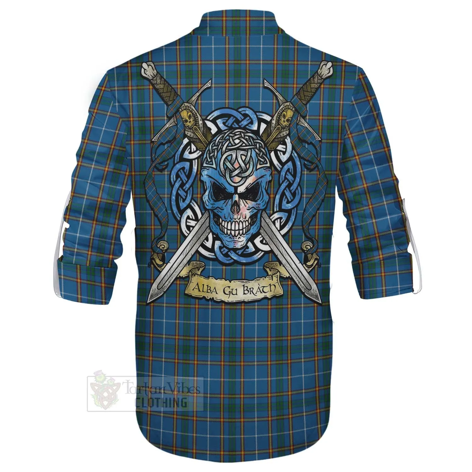 Bain Tartan Ghillie Kilt Shirt with Family Crest Celtic Skull Style