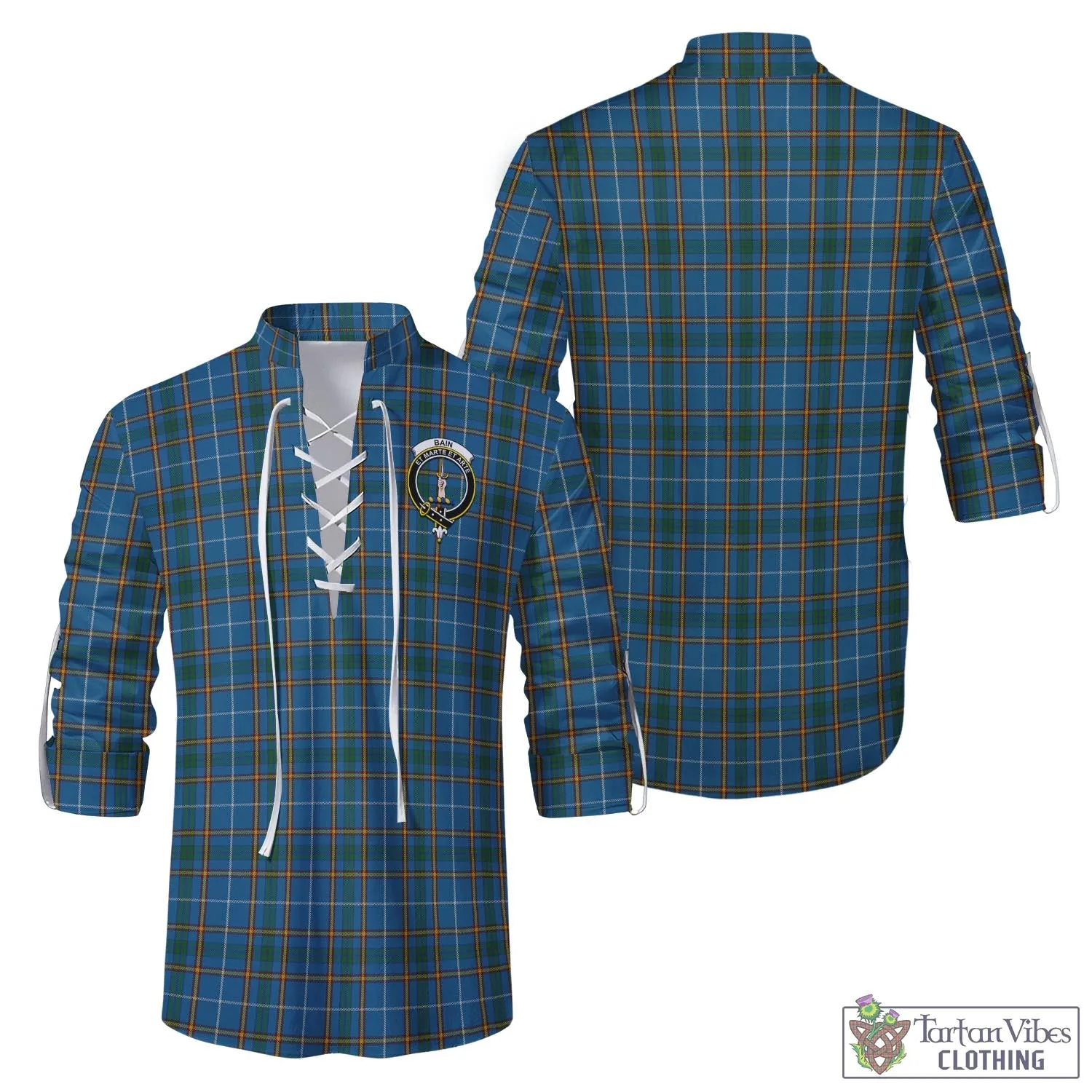 Bain Tartan Men's Scottish Traditional Jacobite Ghillie Kilt Shirt with Family Crest