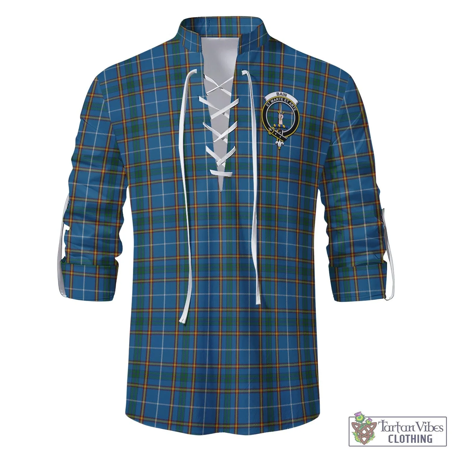 Bain Tartan Men's Scottish Traditional Jacobite Ghillie Kilt Shirt with Family Crest