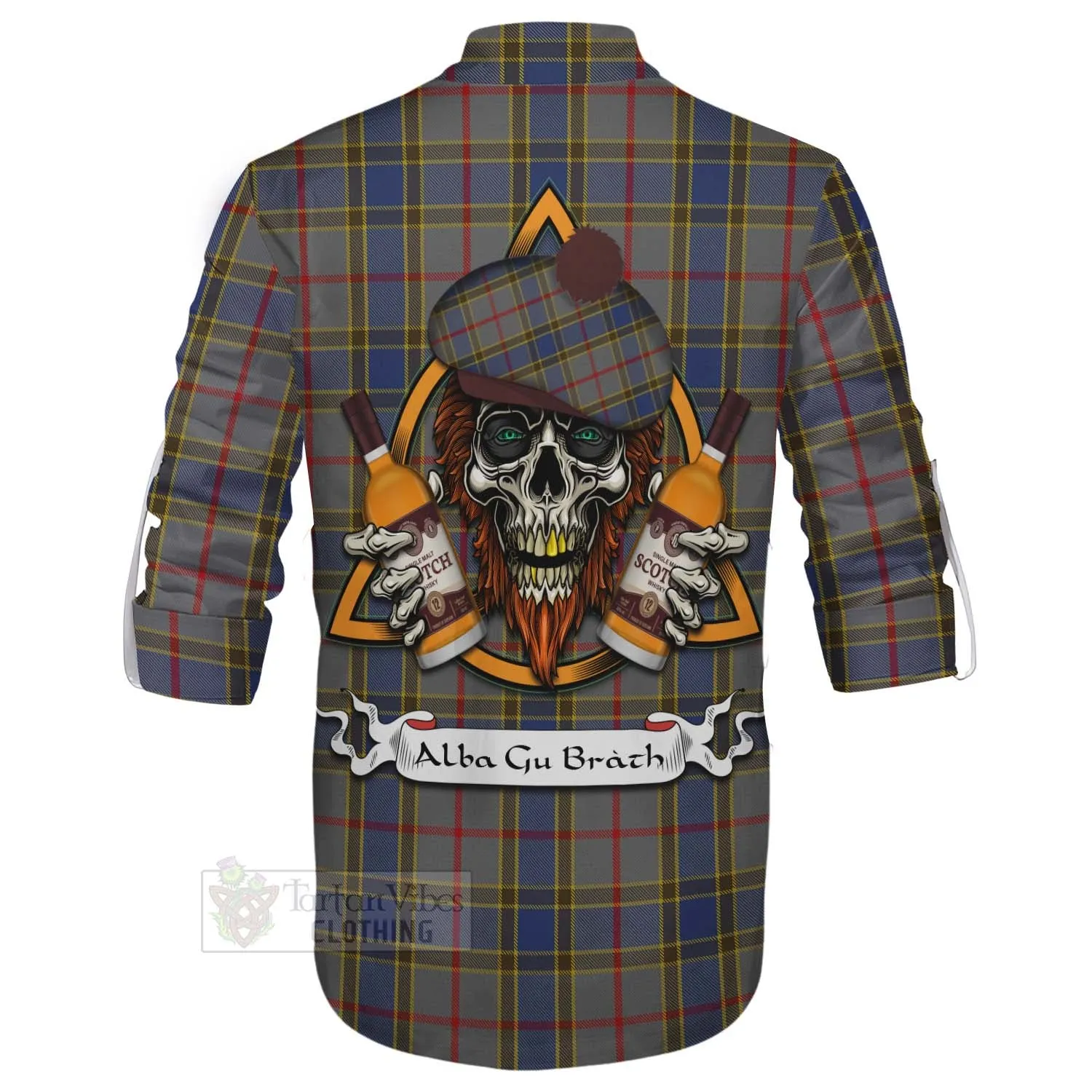 Balfour Tartan Ghillie Kilt Shirt with Family Crest and Bearded Skull Holding Bottles of Whiskey