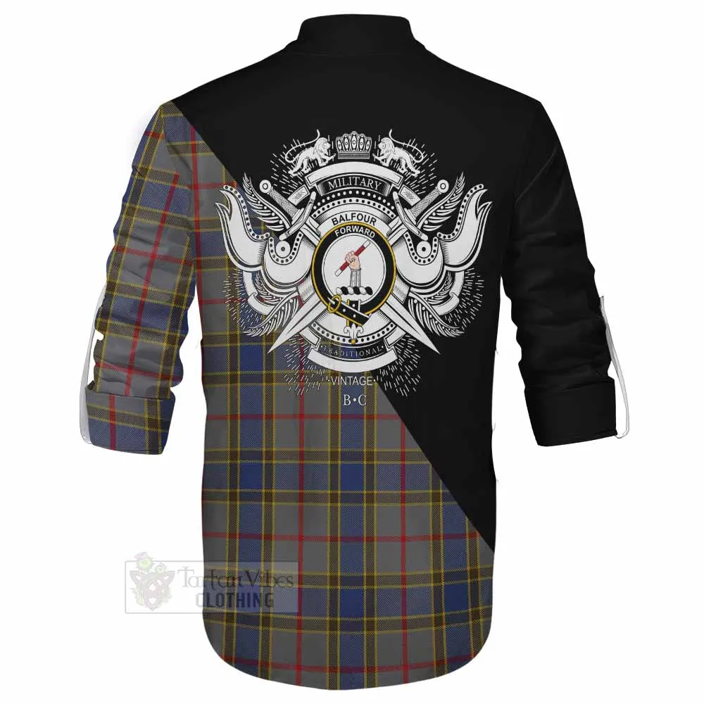 Balfour Tartan Ghillie Kilt Shirt with Family Crest and Military Logo Style