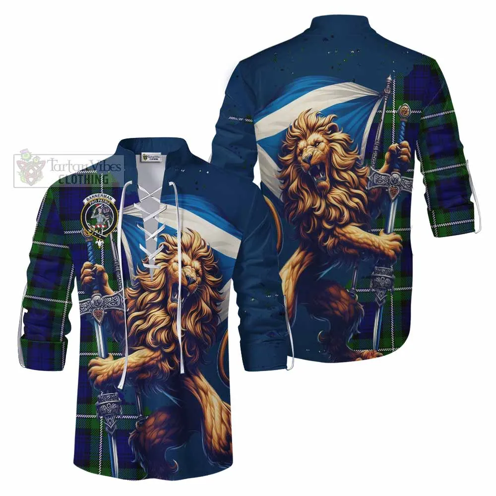 Bannerman Tartan Family Crest Ghillie Kilt Shirt with Scottish Majestic Lion