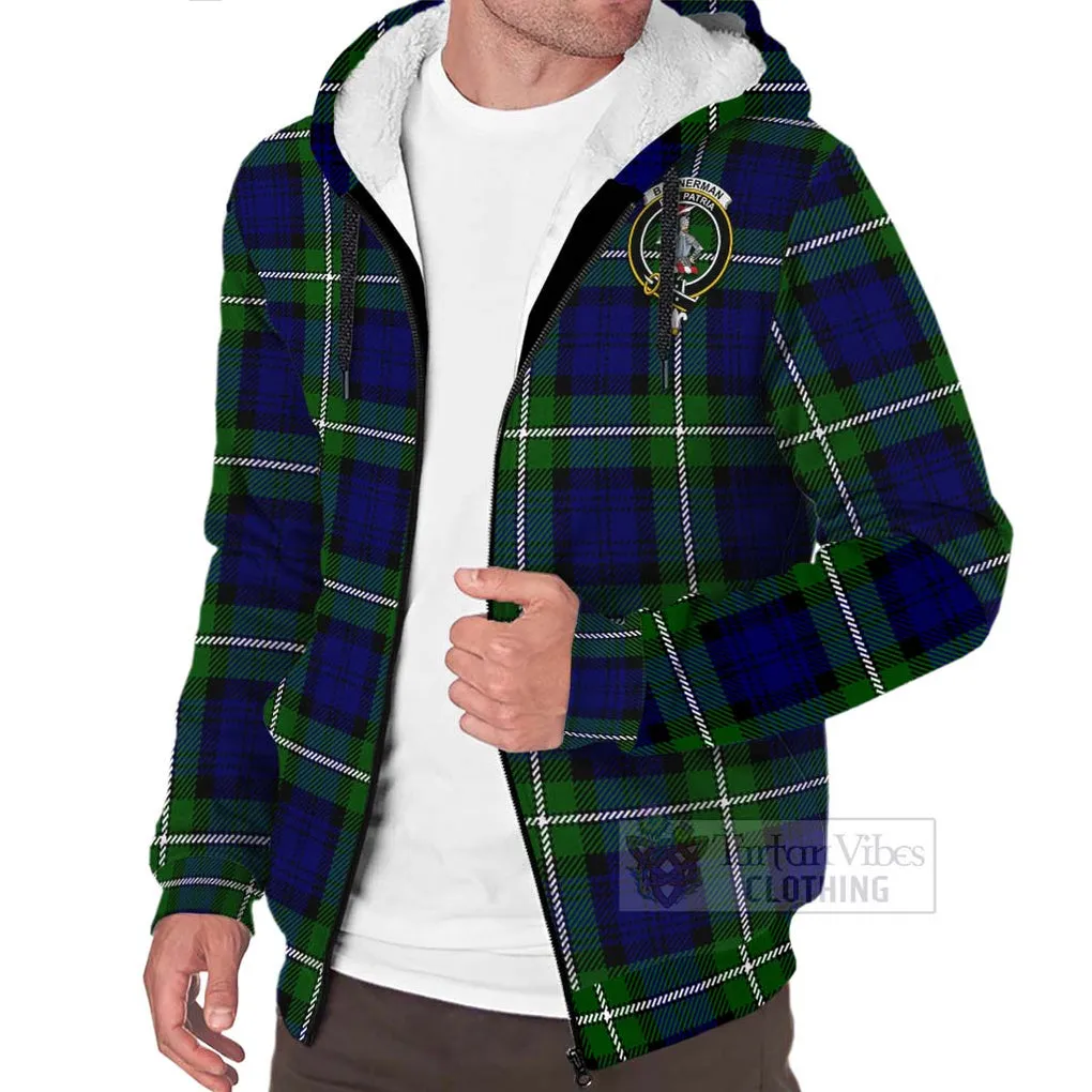Bannerman Tartan Sherpa Hoodie with Family Crest and Bearded Skull Holding Bottles of Whiskey