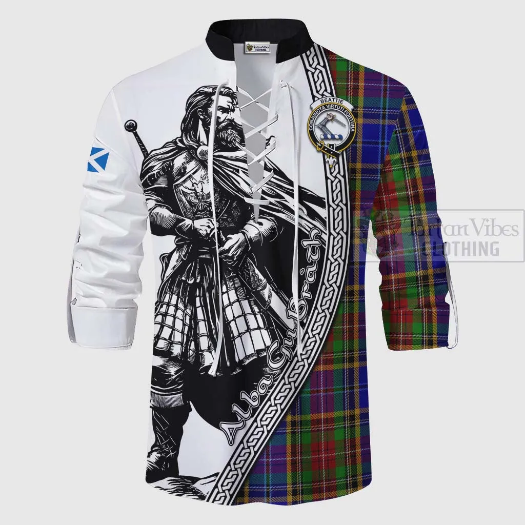 Beattie (Beatty) Tartan Clan Crest Ghillie Kilt Shirt with Highlander Warrior Celtic Style
