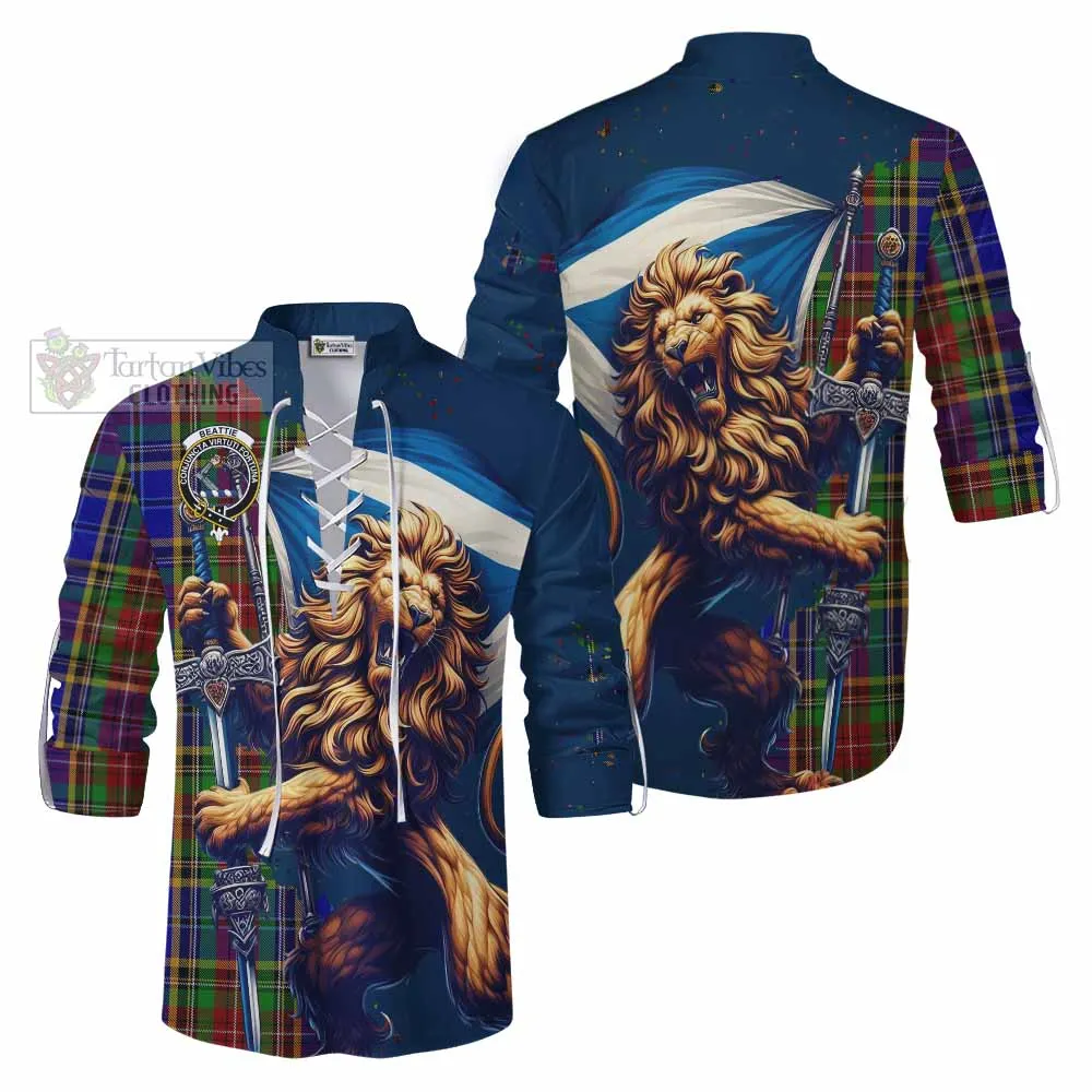 Beattie (Beatty) Tartan Family Crest Ghillie Kilt Shirt with Scottish Majestic Lion