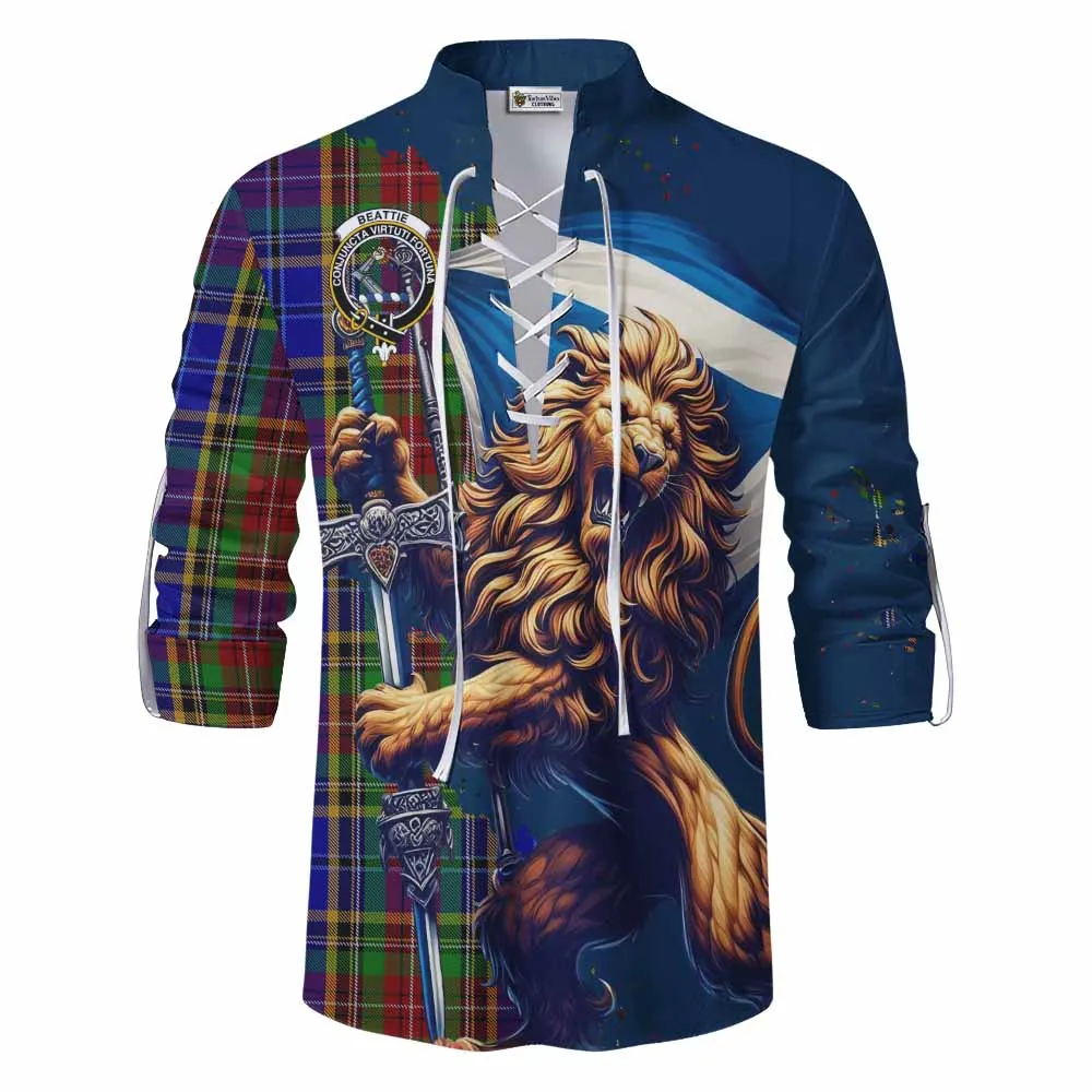 Beattie (Beatty) Tartan Family Crest Ghillie Kilt Shirt with Scottish Majestic Lion