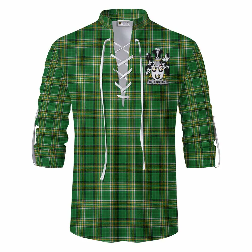 Bellingham Irish Clan Tartan Ghillie Kilt Shirt with Coat of Arms