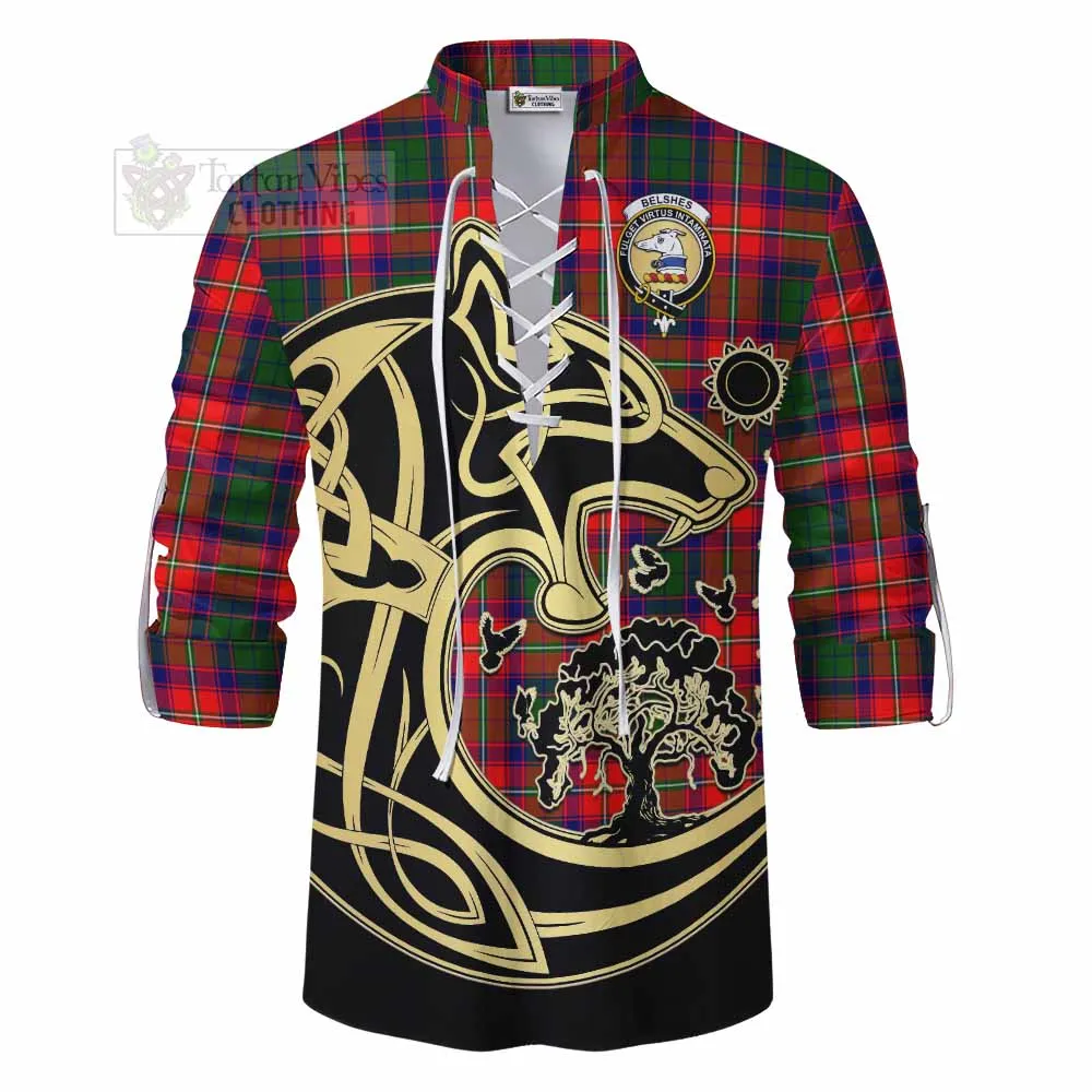Belshes (Belsches) Tartan Ghillie Kilt Shirt with Family Crest Celtic Wolf Style