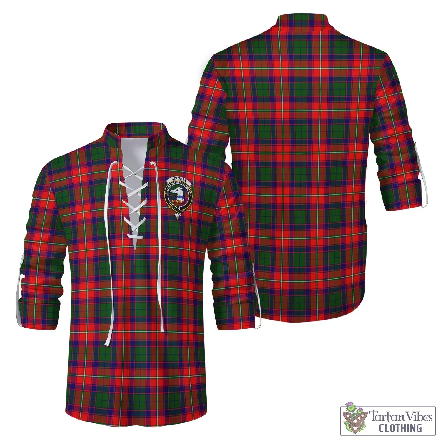 Belshes Tartan Men's Scottish Traditional Jacobite Ghillie Kilt Shirt with Family Crest