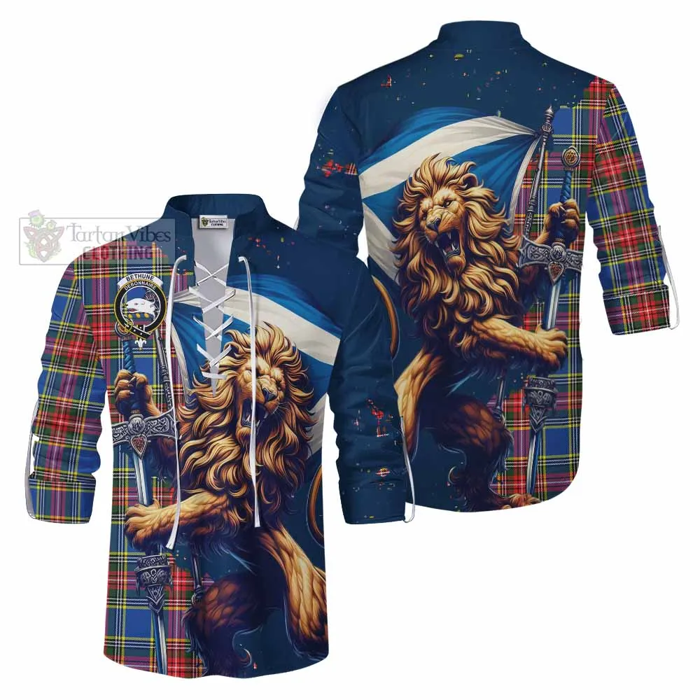 Bethune Tartan Family Crest Ghillie Kilt Shirt with Scottish Majestic Lion