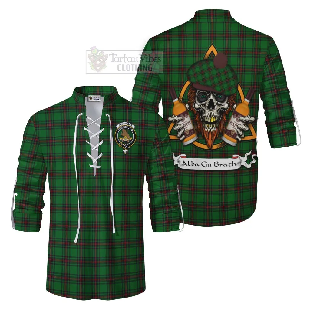 Beveridge Tartan Ghillie Kilt Shirt with Family Crest and Bearded Skull Holding Bottles of Whiskey