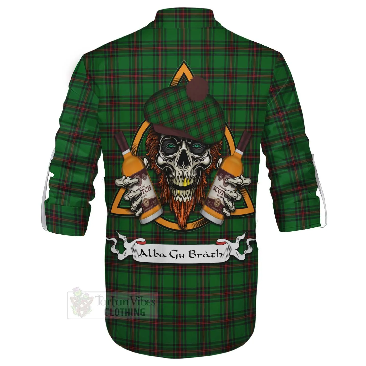 Beveridge Tartan Ghillie Kilt Shirt with Family Crest and Bearded Skull Holding Bottles of Whiskey
