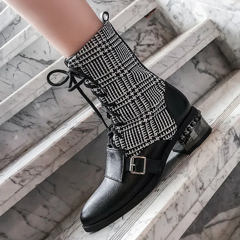 Bigsizeheels Lace-up plaid ankle boots - Black