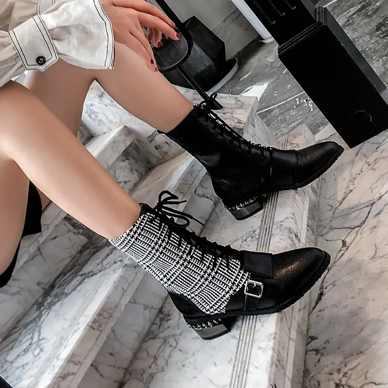 Bigsizeheels Lace-up plaid ankle boots - Black