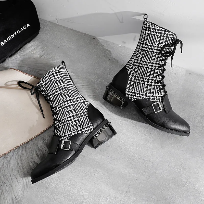 Bigsizeheels Lace-up plaid ankle boots - Black