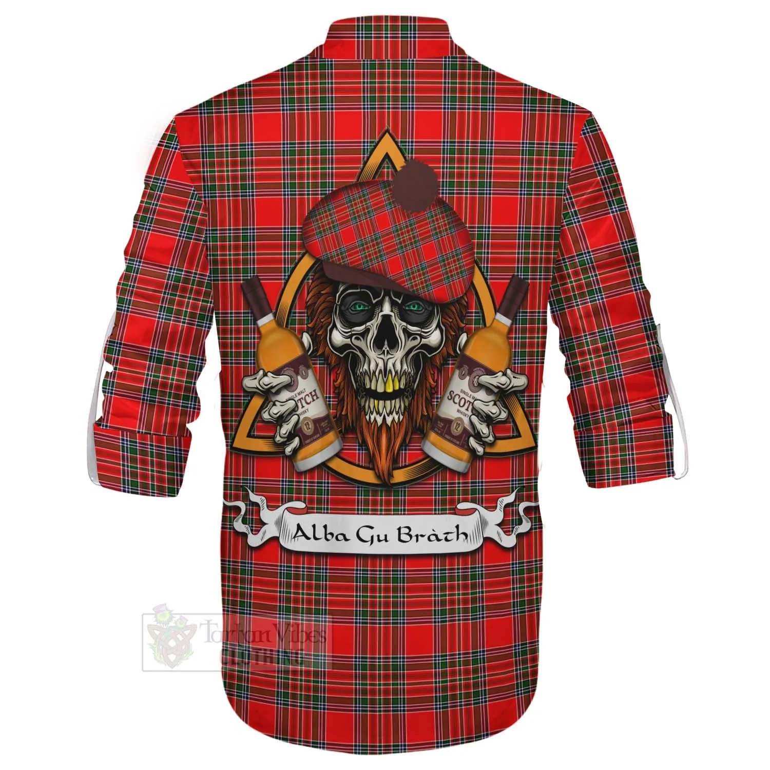 Binning Tartan Ghillie Kilt Shirt with Family Crest and Bearded Skull Holding Bottles of Whiskey