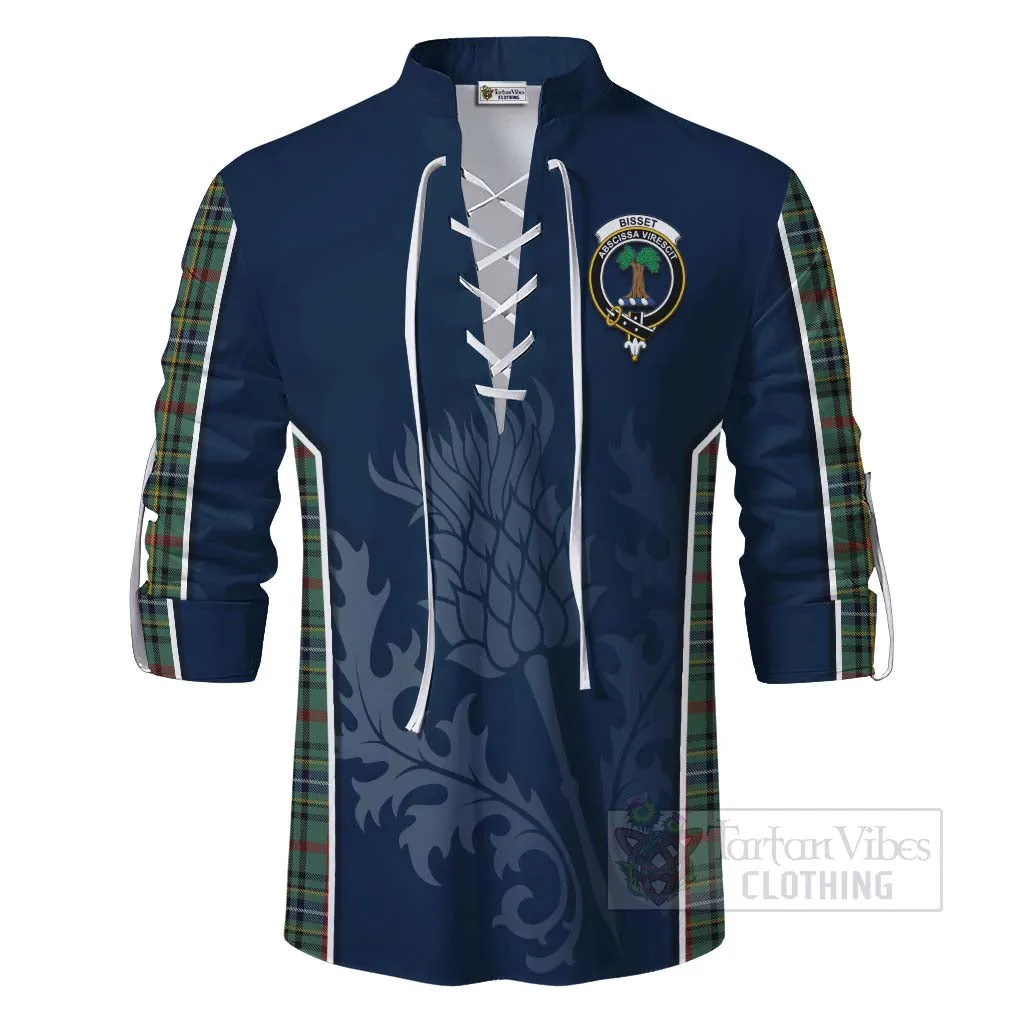 Bisset Tartan Ghillie Kilt Shirt with Family Crest and Scottish Thistle Vibes Sport Style