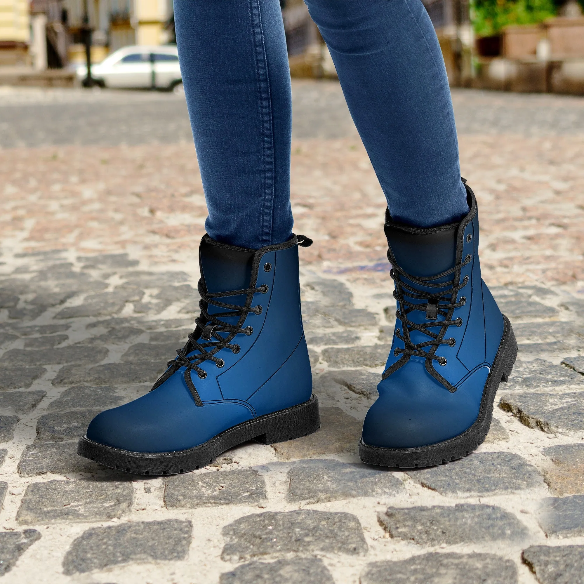 Black Blue Ombre Women Leather Boots, Gradient Lace Up Shoes Hiking Festival Black Ankle Combat Work Winter Casual Custom Gift