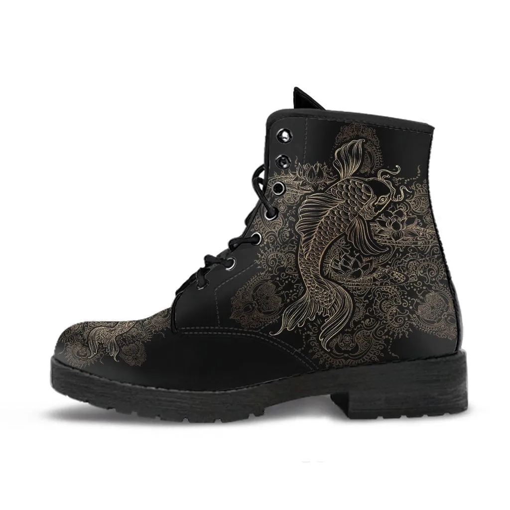 Black Combat Boots - Koi | Women's Black Hipster Boots, Vegan Leather Lace Up Boots, Handmade Lace Up Boots, Women's Boots, Custom Shoes