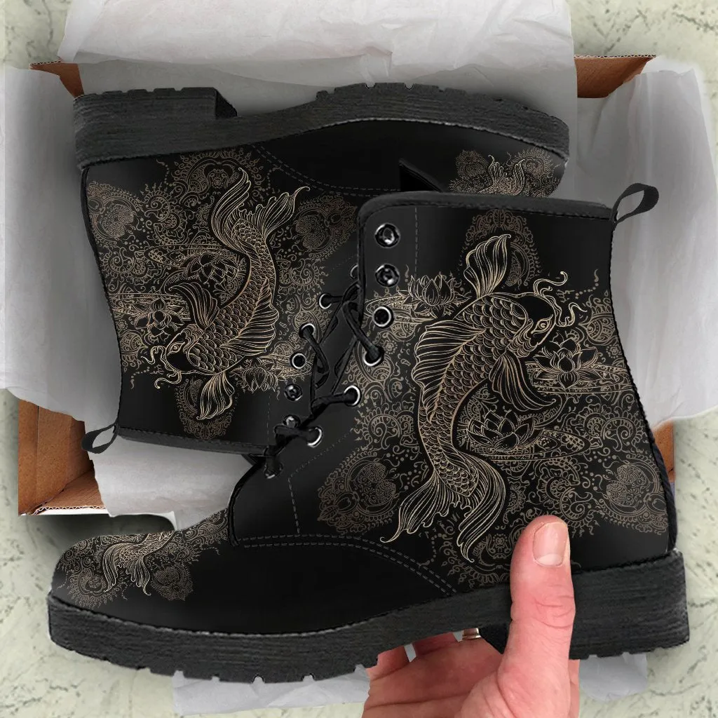 Black Combat Boots - Koi | Women's Black Hipster Boots, Vegan Leather Lace Up Boots, Handmade Lace Up Boots, Women's Boots, Custom Shoes