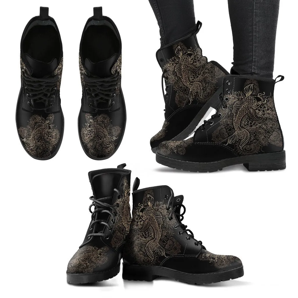 Black Combat Boots - Koi | Women's Black Hipster Boots, Vegan Leather Lace Up Boots, Handmade Lace Up Boots, Women's Boots, Custom Shoes