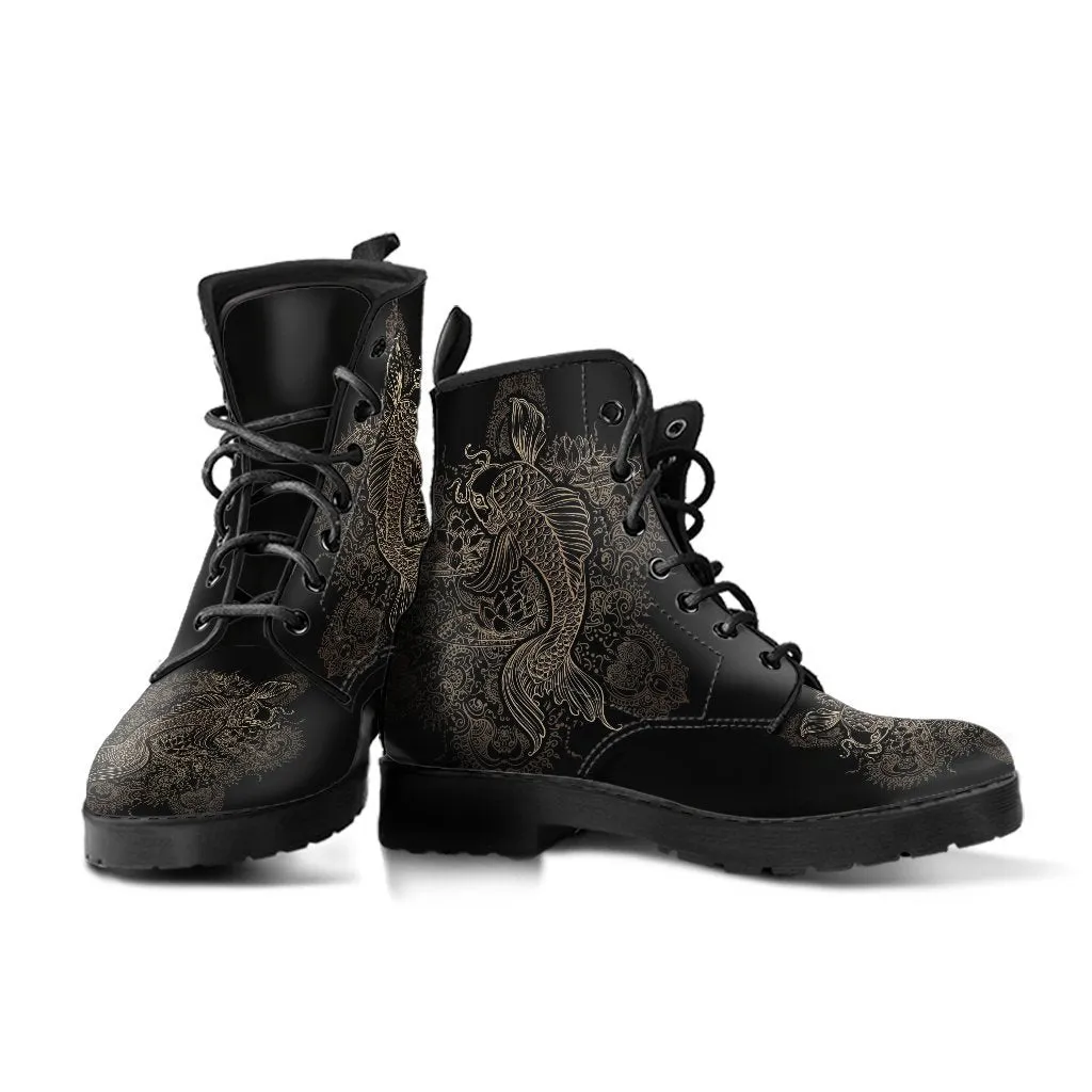 Black Combat Boots - Koi | Women's Black Hipster Boots, Vegan Leather Lace Up Boots, Handmade Lace Up Boots, Women's Boots, Custom Shoes
