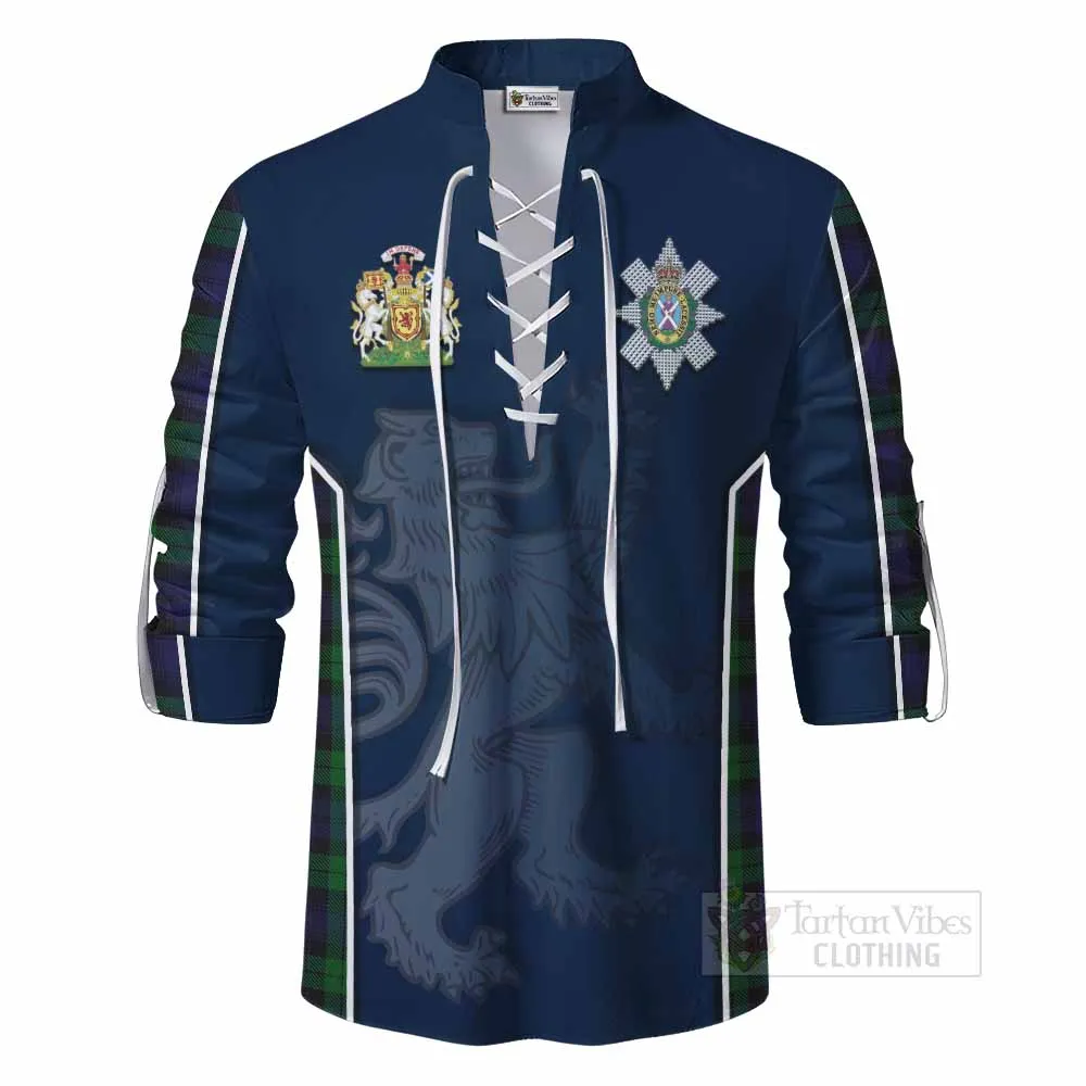 Black Watch Tartan Ghillie Kilt Shirt with Family Crest and Lion Rampant Vibes Sport Style