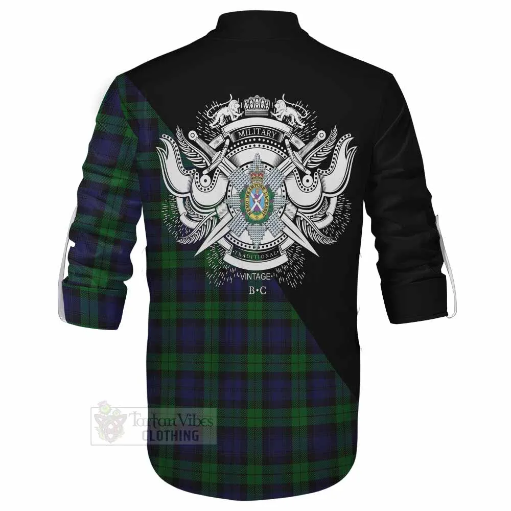 Black Watch Tartan Ghillie Kilt Shirt with Family Crest and Military Logo Style