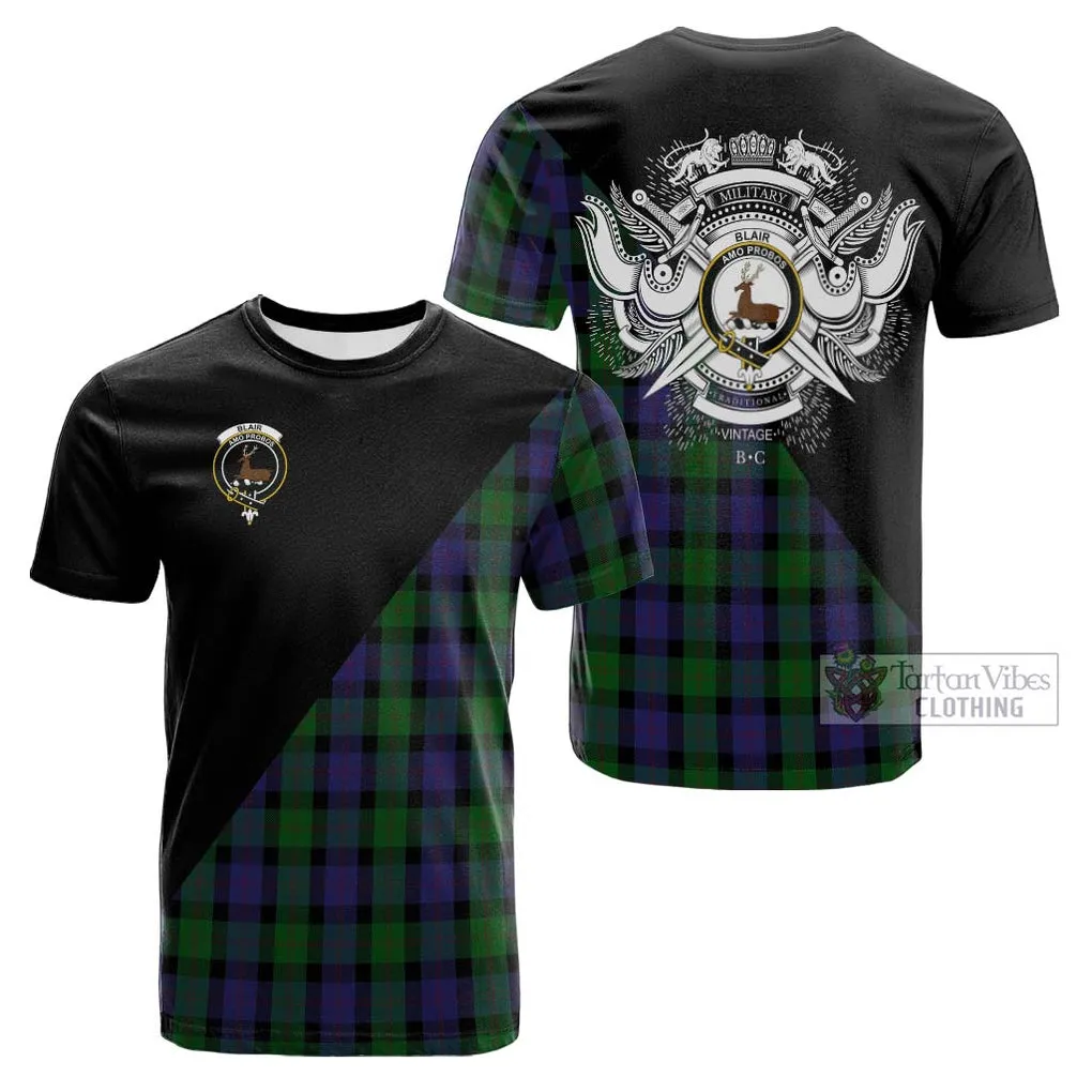 Blair Tartan Cotton T-shirt with Family Crest and Military Logo Style