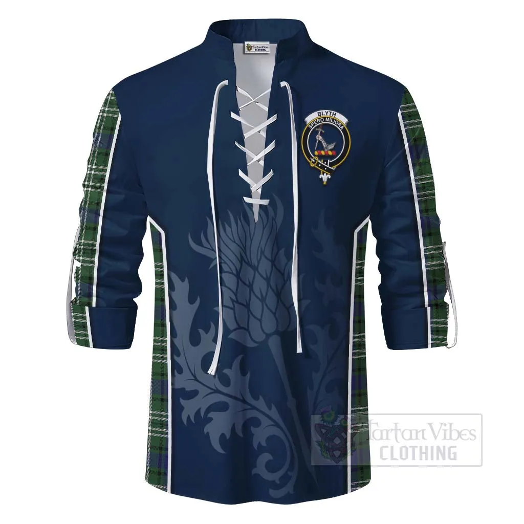 Blyth Tartan Ghillie Kilt Shirt with Family Crest and Scottish Thistle Vibes Sport Style