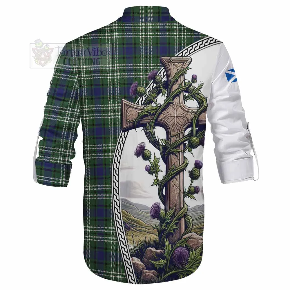 Blyth Tartan Ghillie Kilt Shirt with Family Crest and St. Andrew's Cross Accented by Thistle Vines