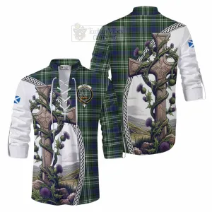 Blyth Tartan Ghillie Kilt Shirt with Family Crest and St. Andrew's Cross Accented by Thistle Vines