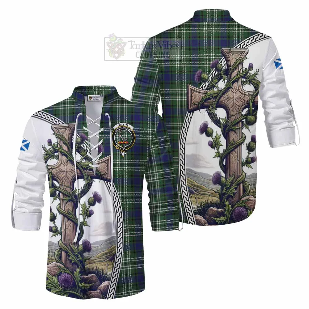Blyth Tartan Ghillie Kilt Shirt with Family Crest and St. Andrew's Cross Accented by Thistle Vines