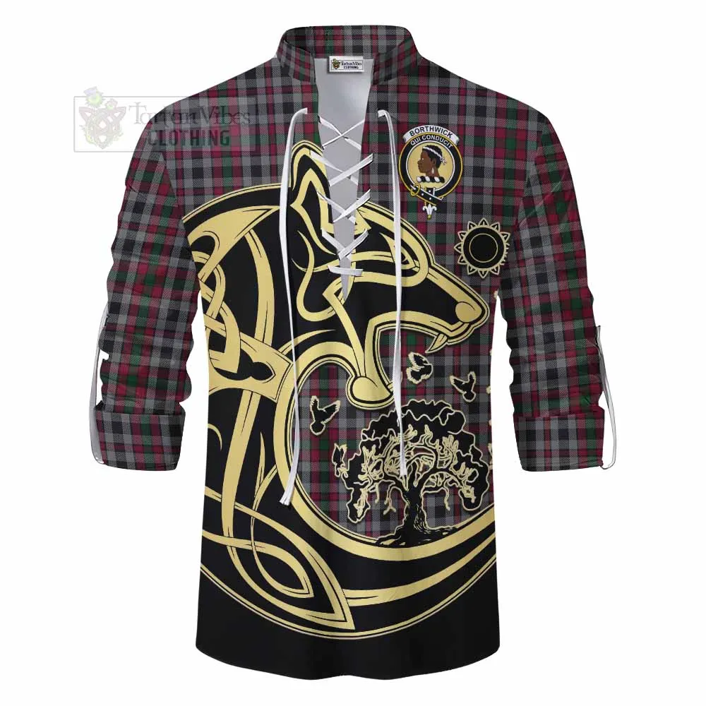 Borthwick Tartan Ghillie Kilt Shirt with Family Crest Celtic Wolf Style