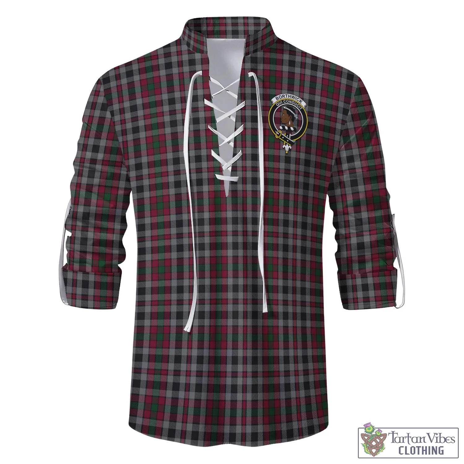 Borthwick Tartan Men's Scottish Traditional Jacobite Ghillie Kilt Shirt with Family Crest
