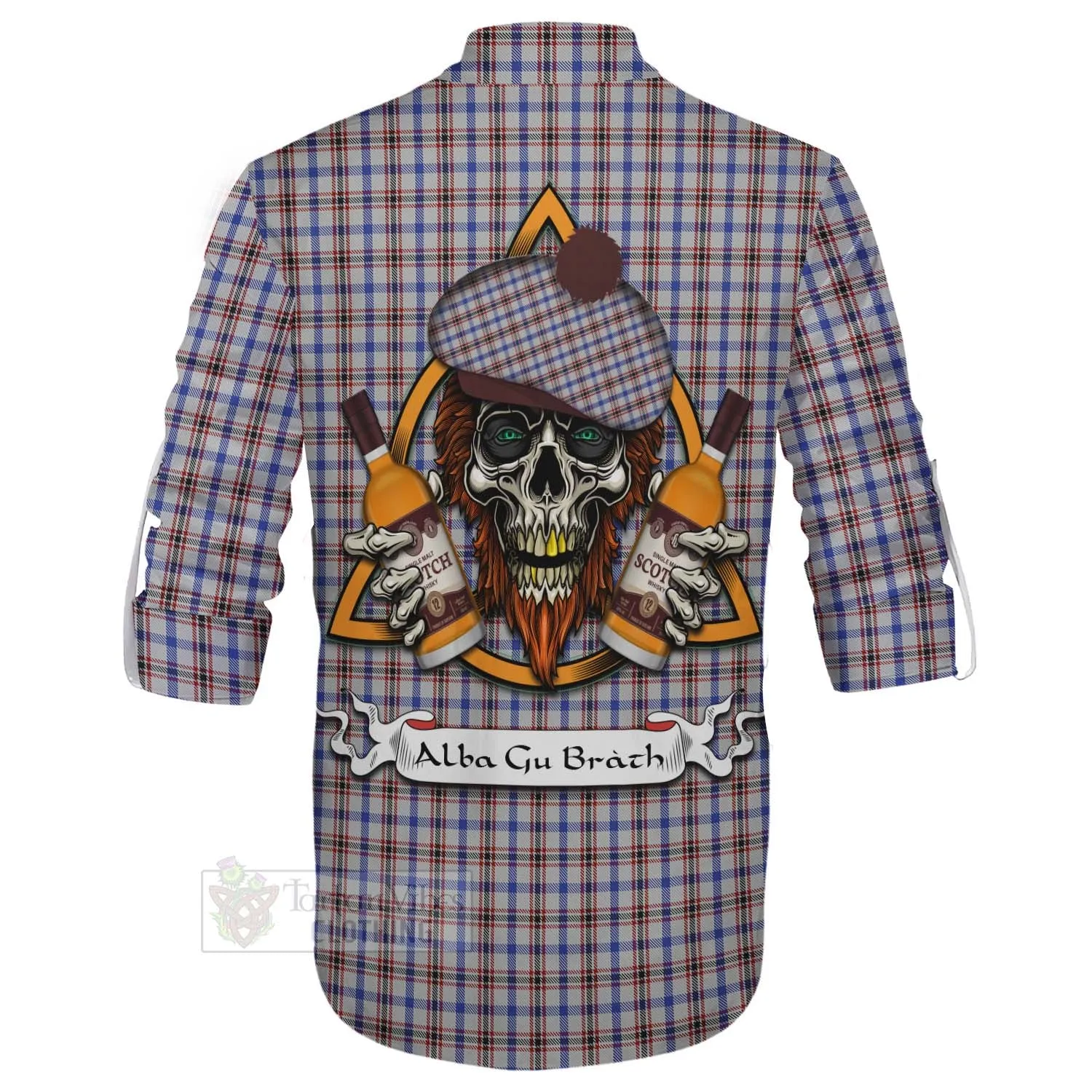 Boswell Tartan Ghillie Kilt Shirt with Family Crest and Bearded Skull Holding Bottles of Whiskey