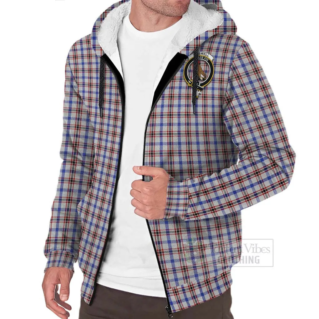 Boswell Tartan Sherpa Hoodie with Family Crest and Bearded Skull Holding Bottles of Whiskey