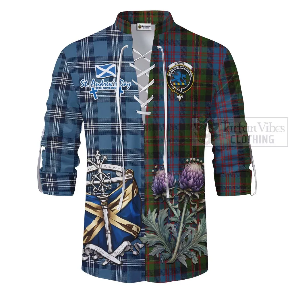 Bowie Tartan Ghillie Kilt Shirt Happy St. Andrew's Day Half Tartan Style
