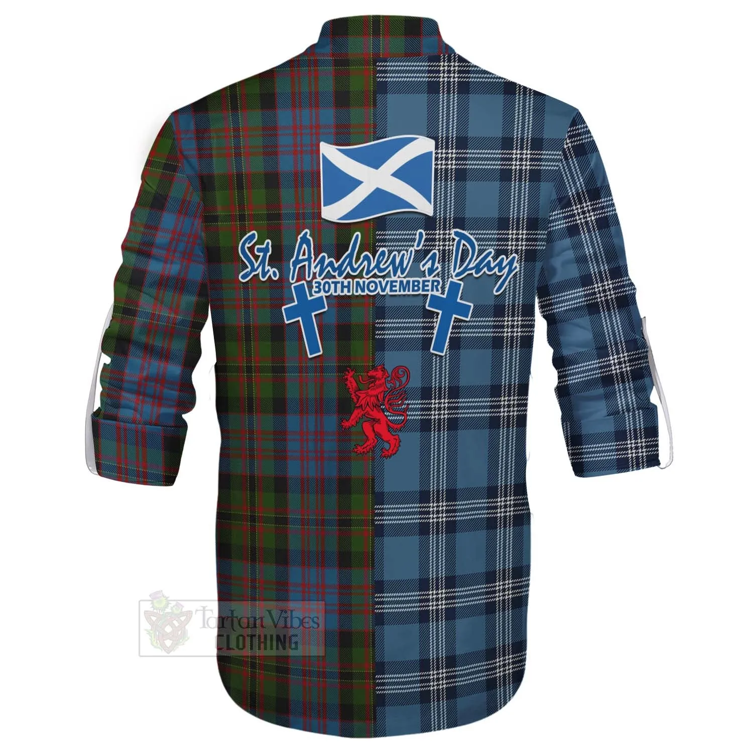 Bowie Tartan Ghillie Kilt Shirt Happy St. Andrew's Day Half Tartan Style