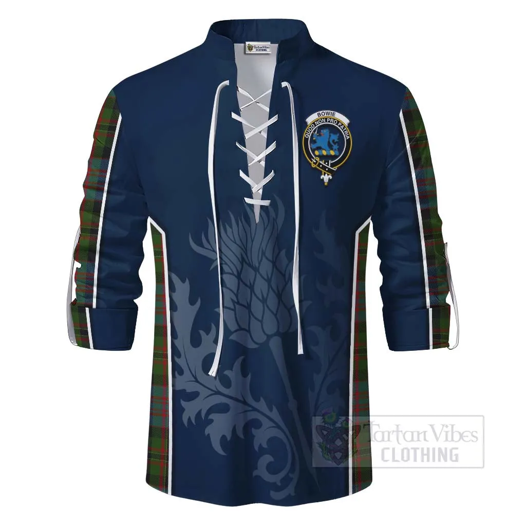 Bowie Tartan Ghillie Kilt Shirt with Family Crest and Scottish Thistle Vibes Sport Style