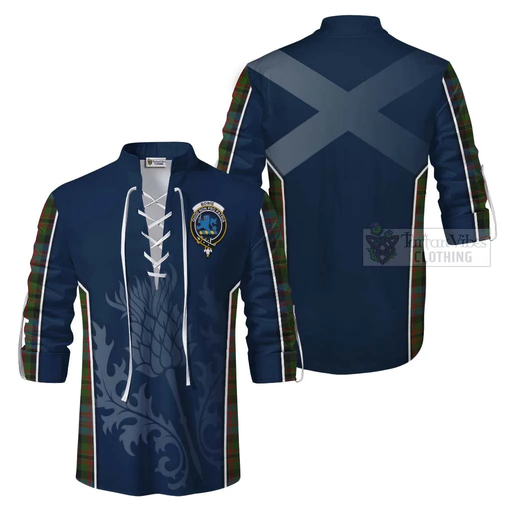 Bowie Tartan Ghillie Kilt Shirt with Family Crest and Scottish Thistle Vibes Sport Style