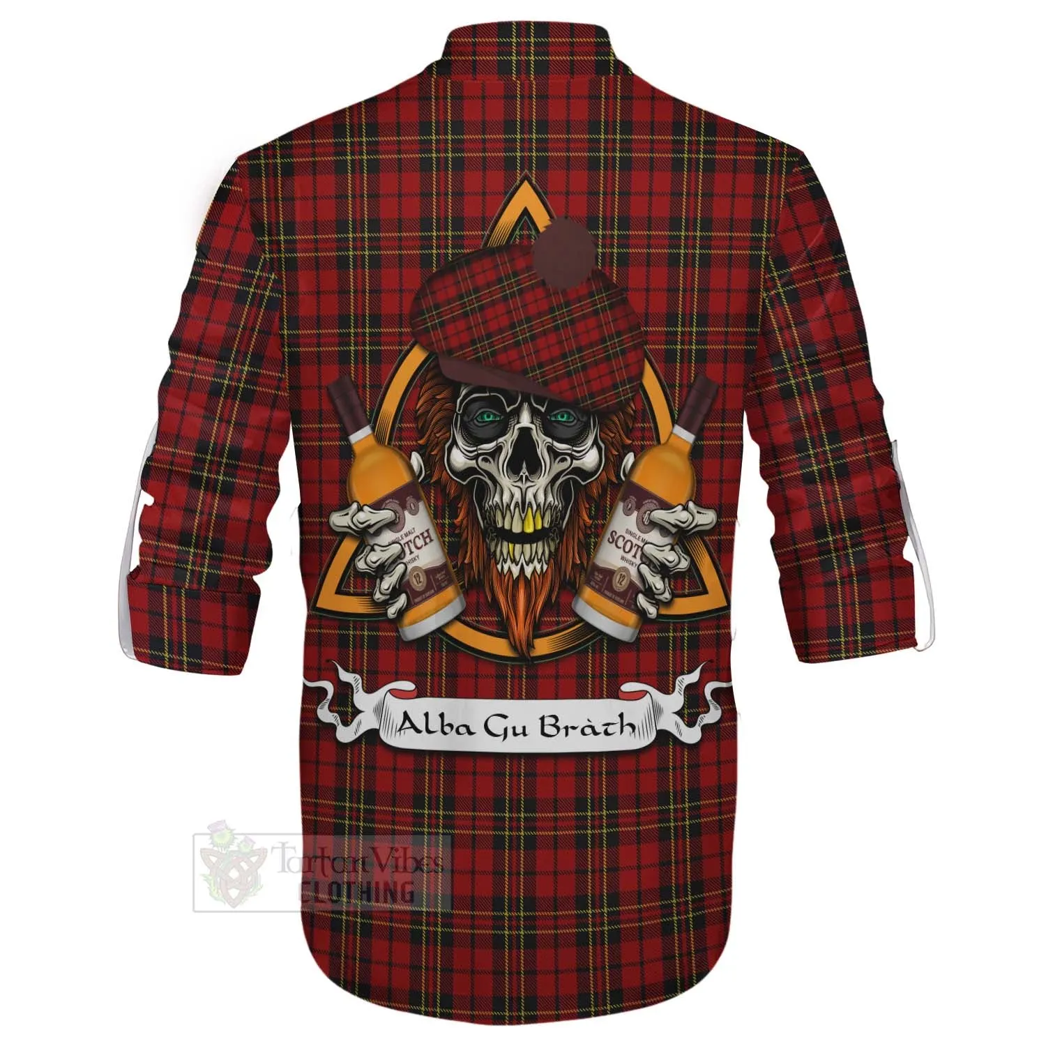 Brodie Tartan Ghillie Kilt Shirt with Family Crest and Bearded Skull Holding Bottles of Whiskey