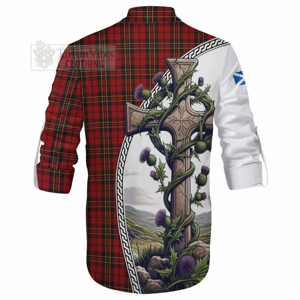 Brodie Tartan Ghillie Kilt Shirt with Family Crest and St. Andrew's Cross Accented by Thistle Vines