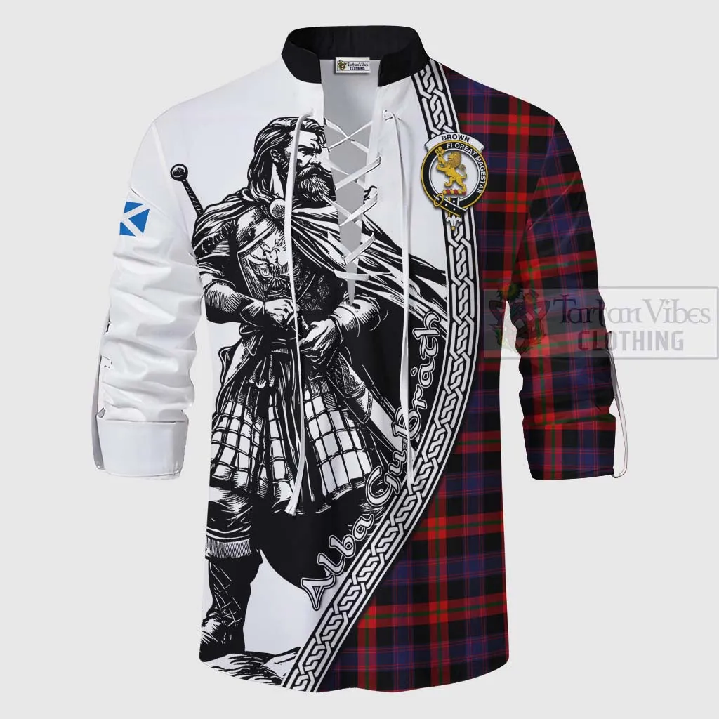 Brown (Broun) Tartan Clan Crest Ghillie Kilt Shirt with Highlander Warrior Celtic Style