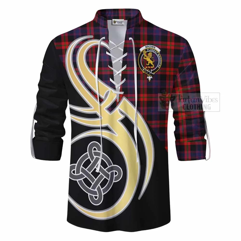 Brown (Broun) Tartan Ghillie Kilt Shirt with Family Crest and Celtic Symbol Style