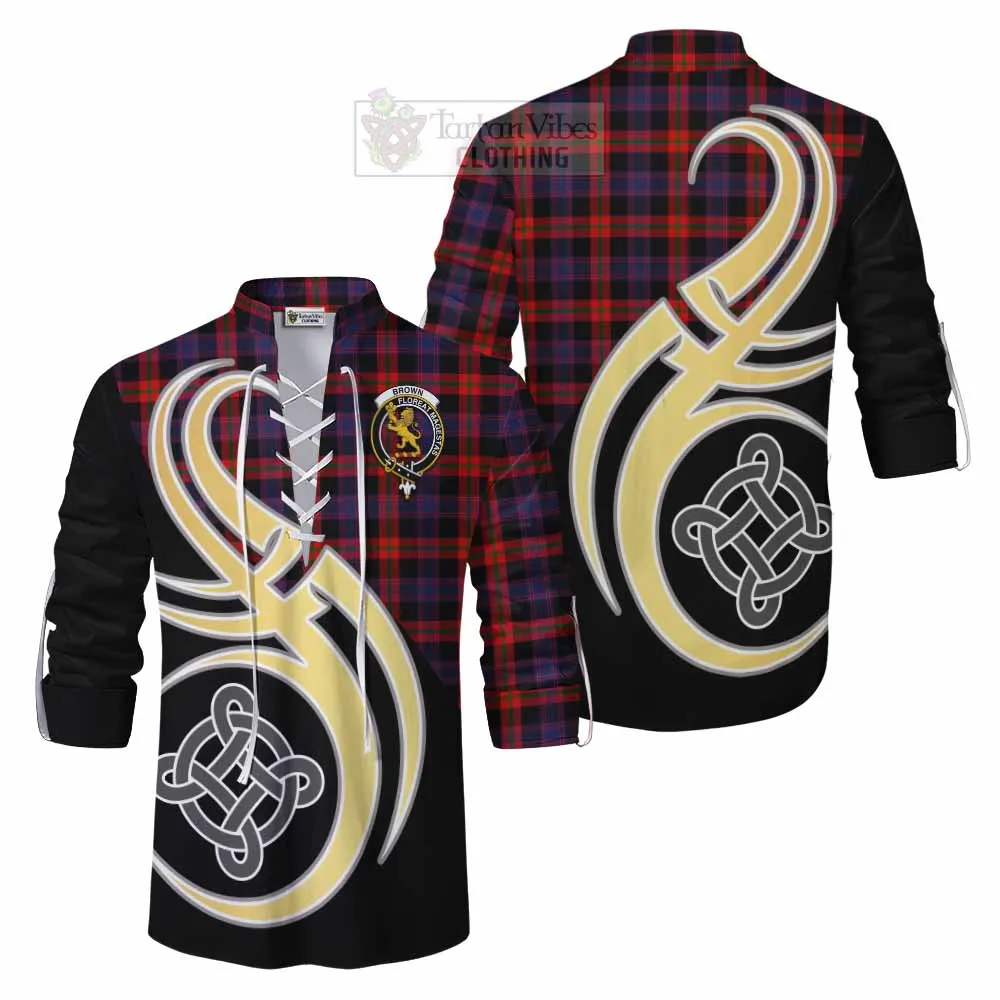 Brown (Broun) Tartan Ghillie Kilt Shirt with Family Crest and Celtic Symbol Style