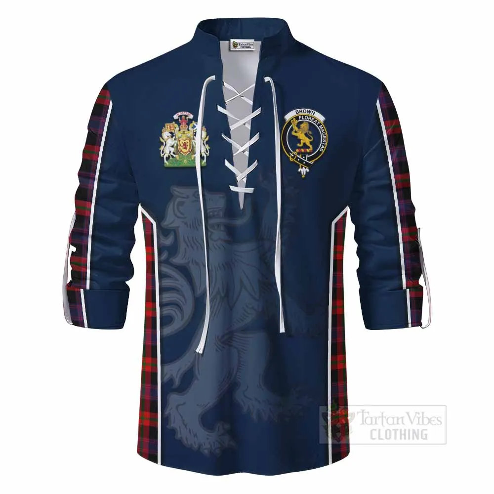 Brown (Broun) Tartan Ghillie Kilt Shirt with Family Crest and Lion Rampant Vibes Sport Style