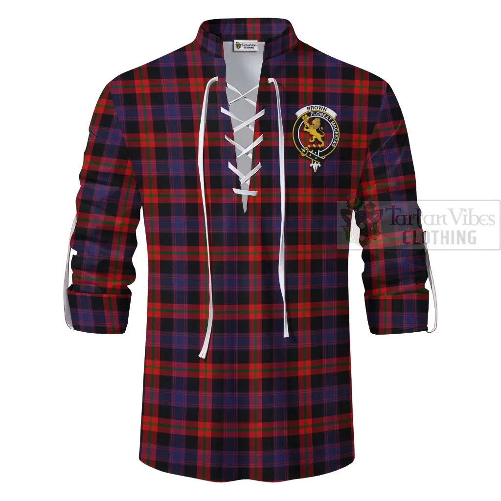 Brown (Broun) Tartan Ghillie Kilt Shirt with Family Crest Celtic Skull Style