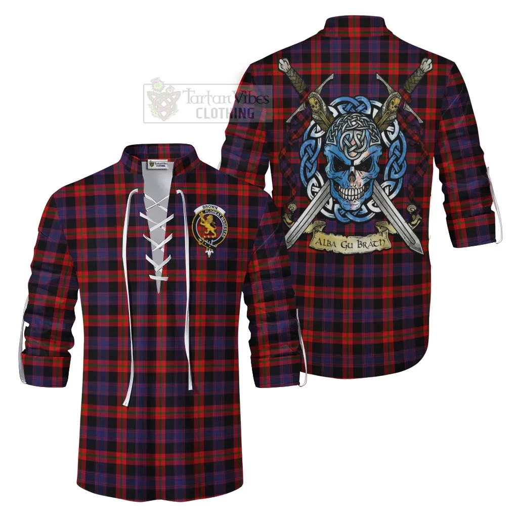 Brown (Broun) Tartan Ghillie Kilt Shirt with Family Crest Celtic Skull Style