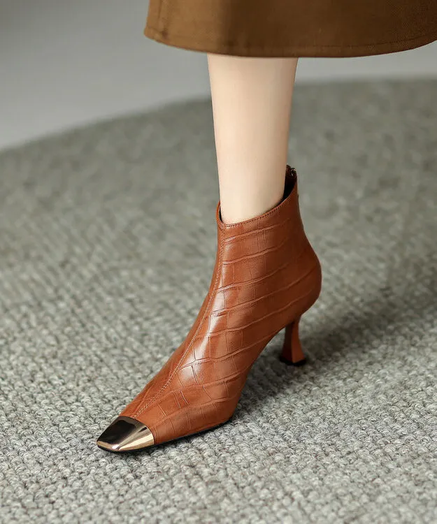 Brown High Heel Cowhide Leather Splicing Boots